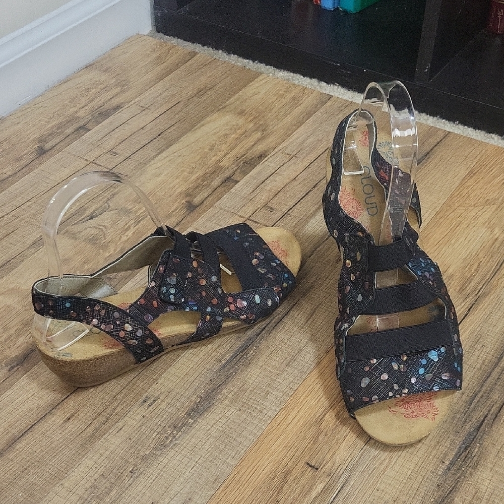 CLOUD Black Slingback Cork Wedge Sandals